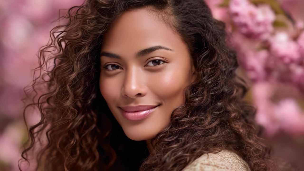 Mulher Bonita Sorrindo Entre Flores Rosas, Capturando a Essência da Alegria e Elegância Natural em um Cenário Floral, Irradiando Calor, Beleza e Serenidade
