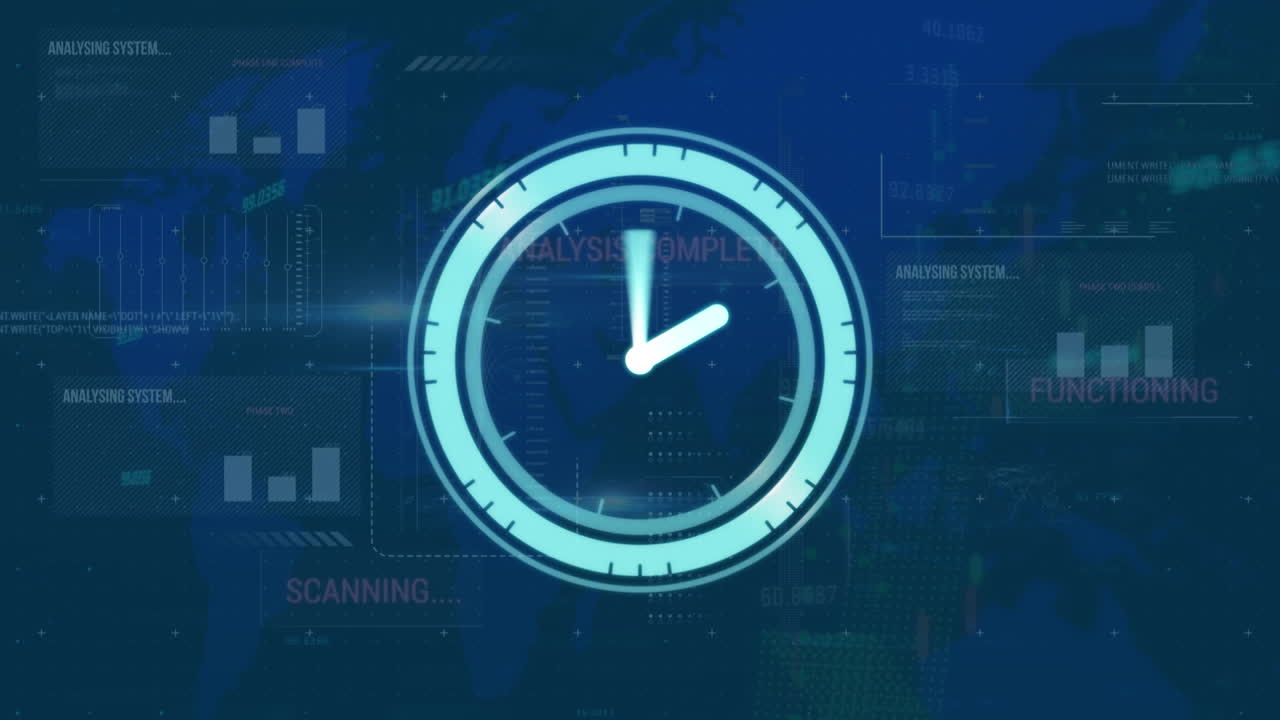 Animazione di un orologio che si muove su elaborazione dati