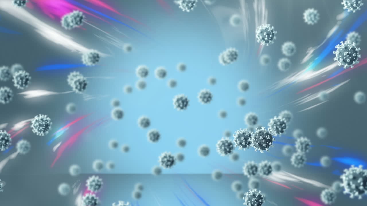 보라색과 파란색 빛 위를 날아다니는 코로나19 세포의 애니메이션