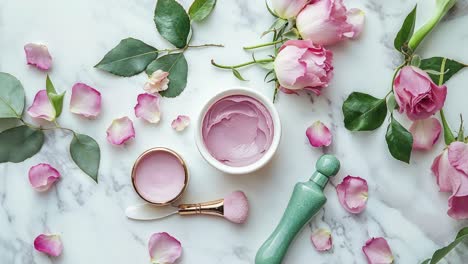 rose-infused skincare products on marble surface