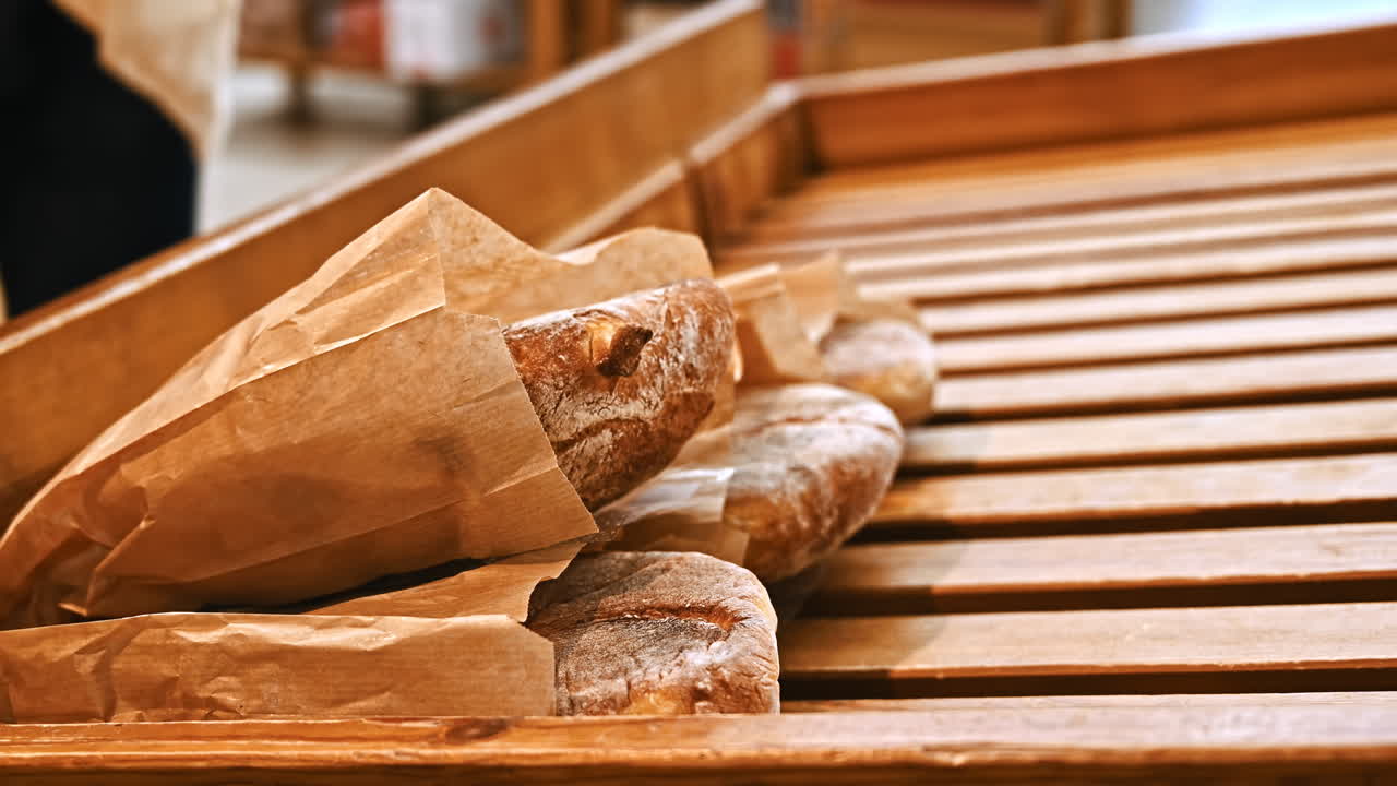 Man's hands taking bread from a wooden shelf and putting it in a reusable ecological bag in supermarket. Wearing plastic gloves. Ecology idea