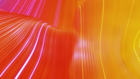 beautiful abstract background of waves on surface, red yellow color gradients, extruded lines as striped fabric surface with folds or waves on liquid. 4k loop. glow lines. 7