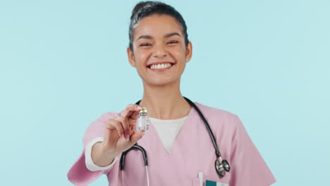 Healthcare,-nurse-and-woman-with-vaccine-bottle