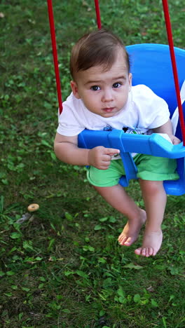 sweet little caucasian boy looking into camera swaying in a swing. high angle view. green grass at backdrop. vertical video