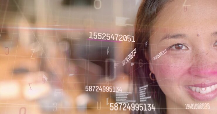 System initiating AR scan while woman monitoring numeric codes and gridlines for analysis