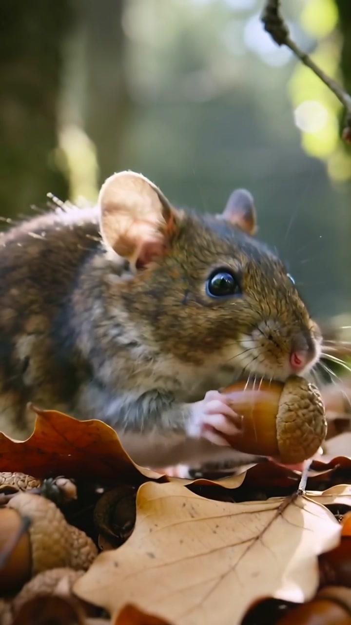Video verticale: Roditore che annusa e rosicchia una ghianda sul suolo della foresta tra le foglie di quercia per mangiare.