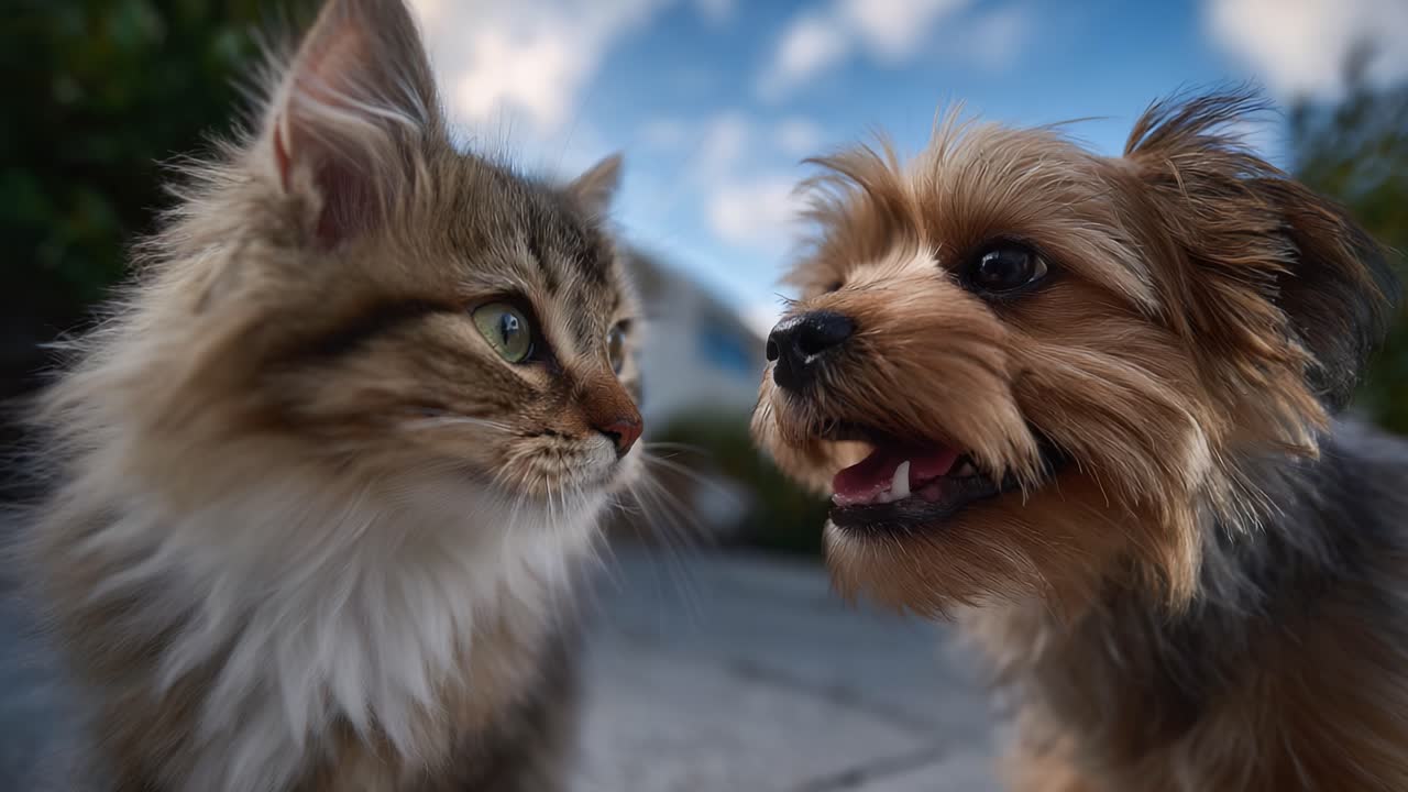 Adorabile interazione tra un gatto giocherellone e un cane felice catturata in due immagini: un momento toccante che mostra la loro amicizia unica
