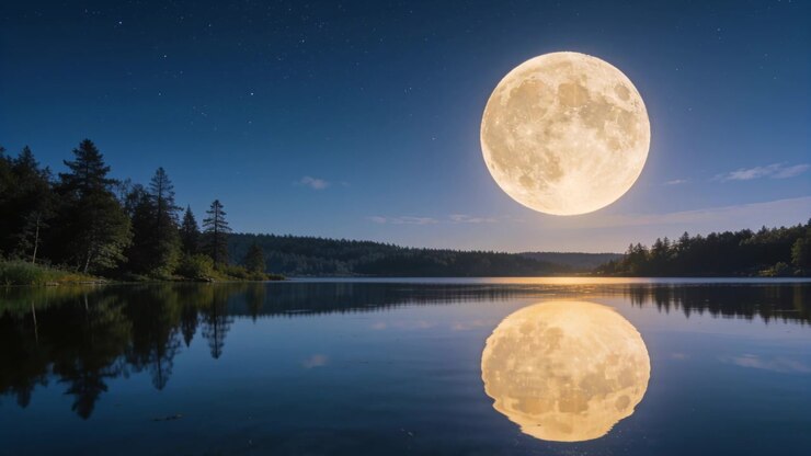 Lua cheia nascendo, subindo enquanto a noite avança sobre o lago da floresta, refletindo na água calma
