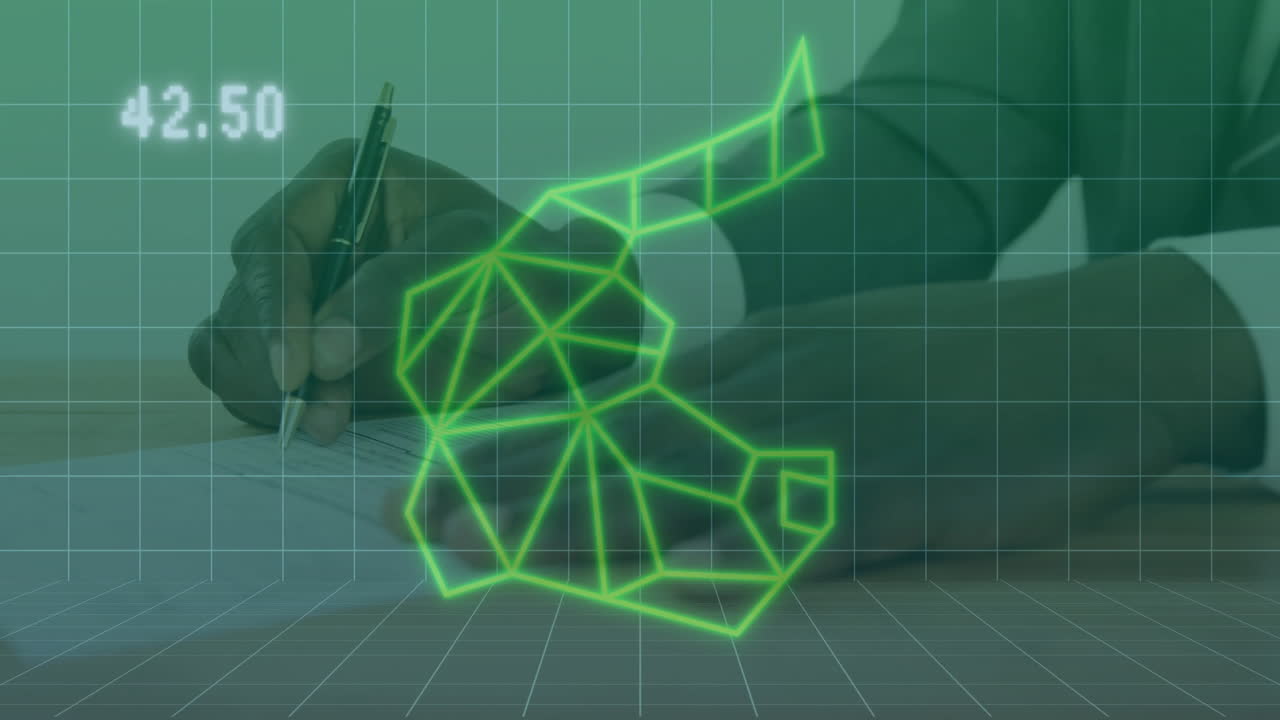 Business manager writing on desk with neon-green network grid overlay numeric display showing 42
