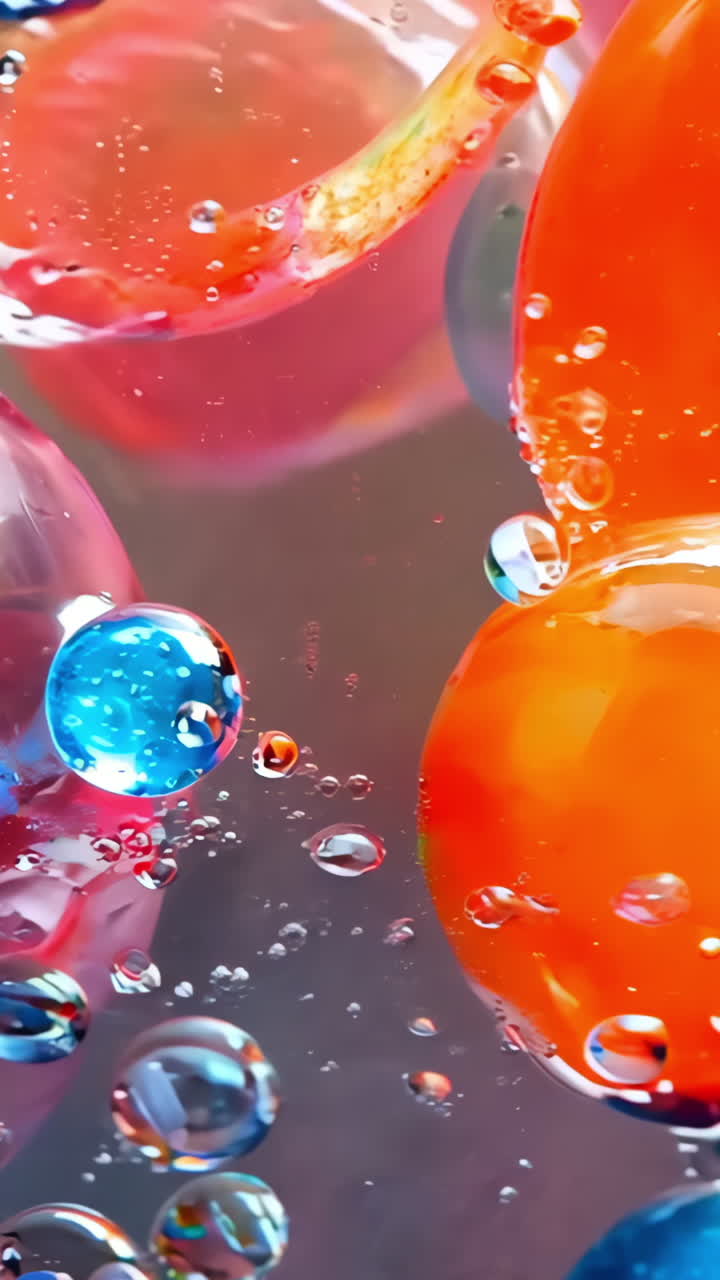 A colorful image of many different colored spheres with water droplets surrounding them. The image has a playful and whimsical mood, with the bright colors and the way the spheres are arranged