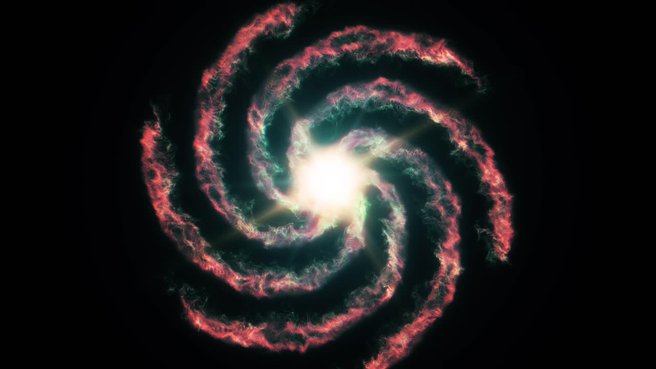 galaxia espiral roja y verde brillante con sol brillante enérgico o cuásar en el centro alejándose de la cámara y a través del universo espacial interestelar profundo exterior con fondo negro