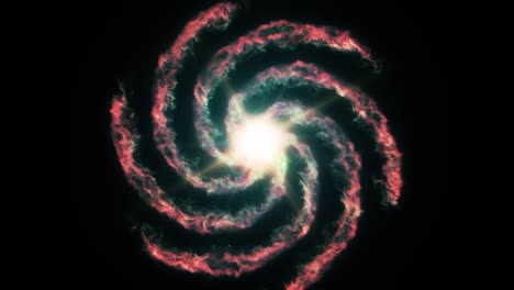 red and green glowing spiral galaxy with energetic bright sun or quasar in center moving away from the camera and through outer deep interstellar space universe with black background