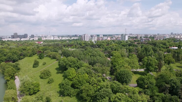 Vista Aérea en el parque en un día soleado en Bucarest