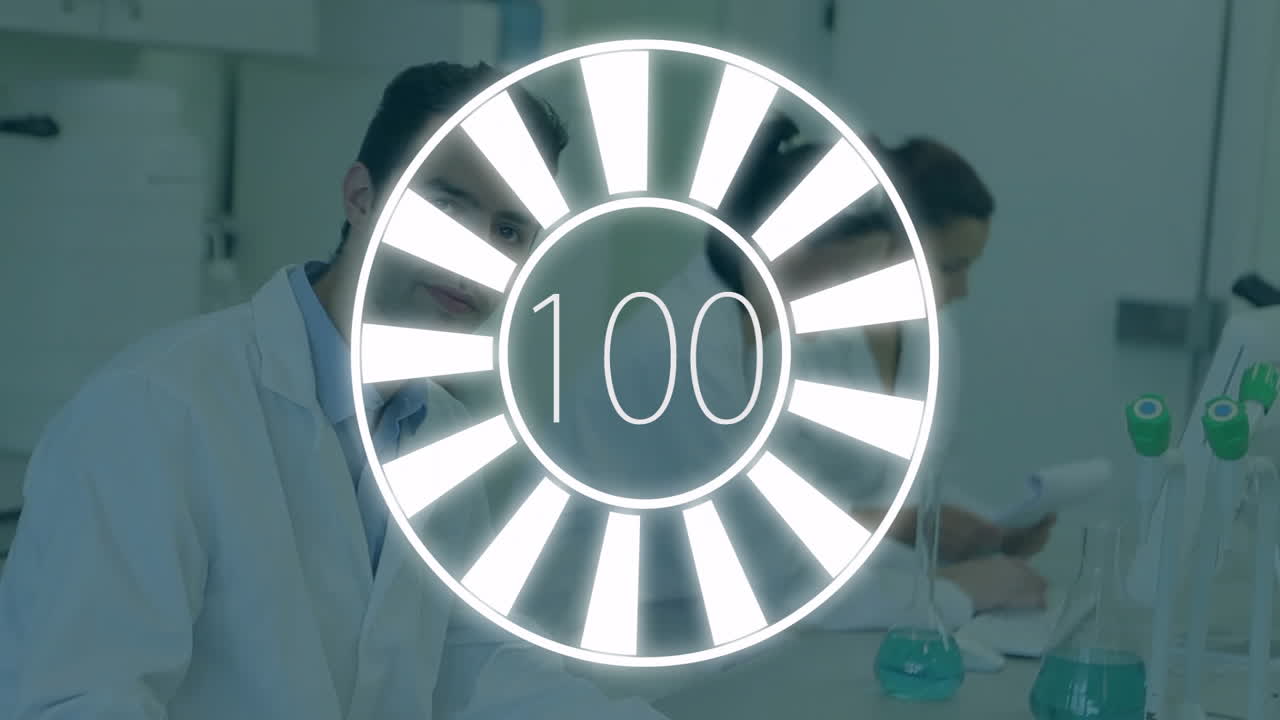Three scientists mixing blue liquid with pipettes and test tubes at lab bench, showing 100 progress