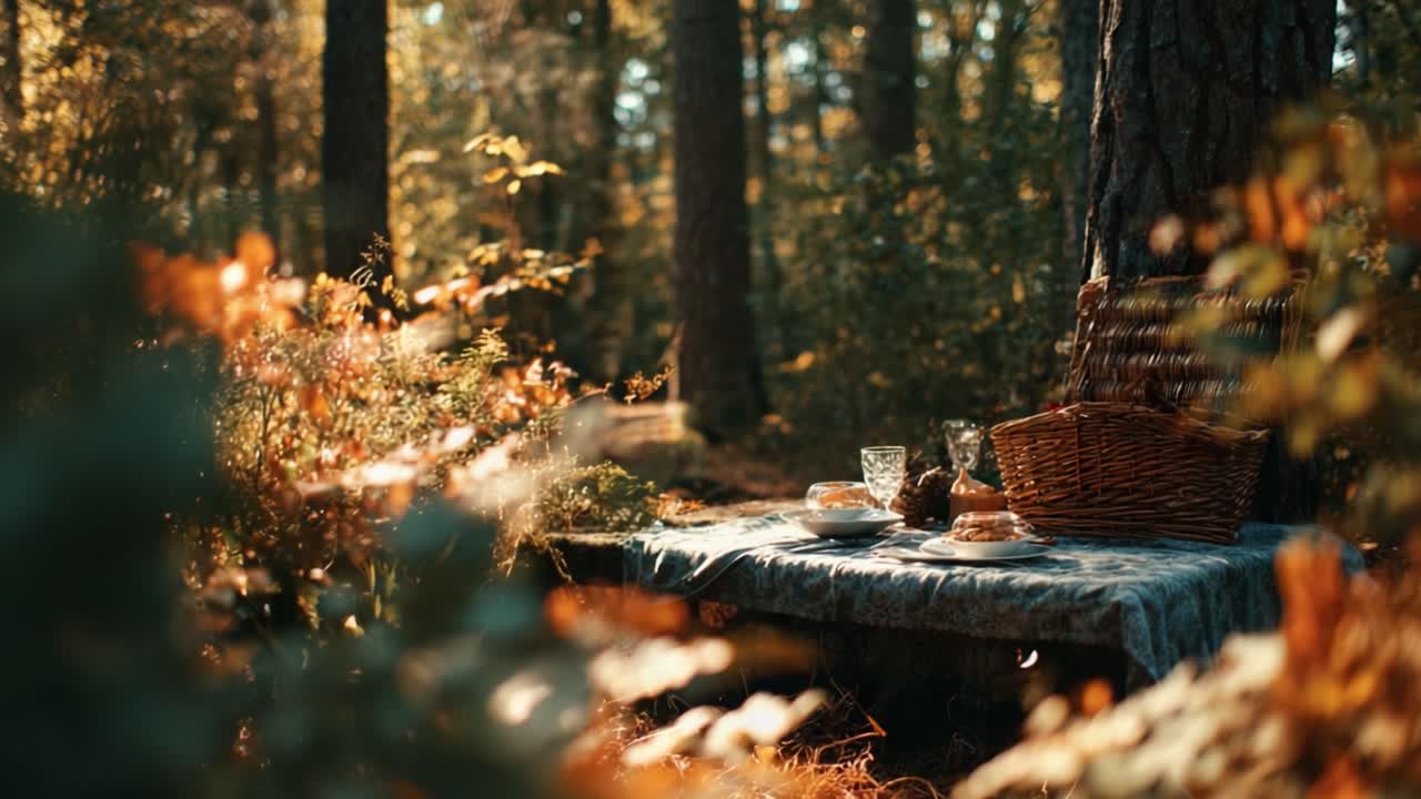 A Serene Outdoor Picnic Setting Surrounded by Lush Nature, Capturing the Essence of Tranquility with a Basket and Delicate Table Arrangement in Soft Lighting