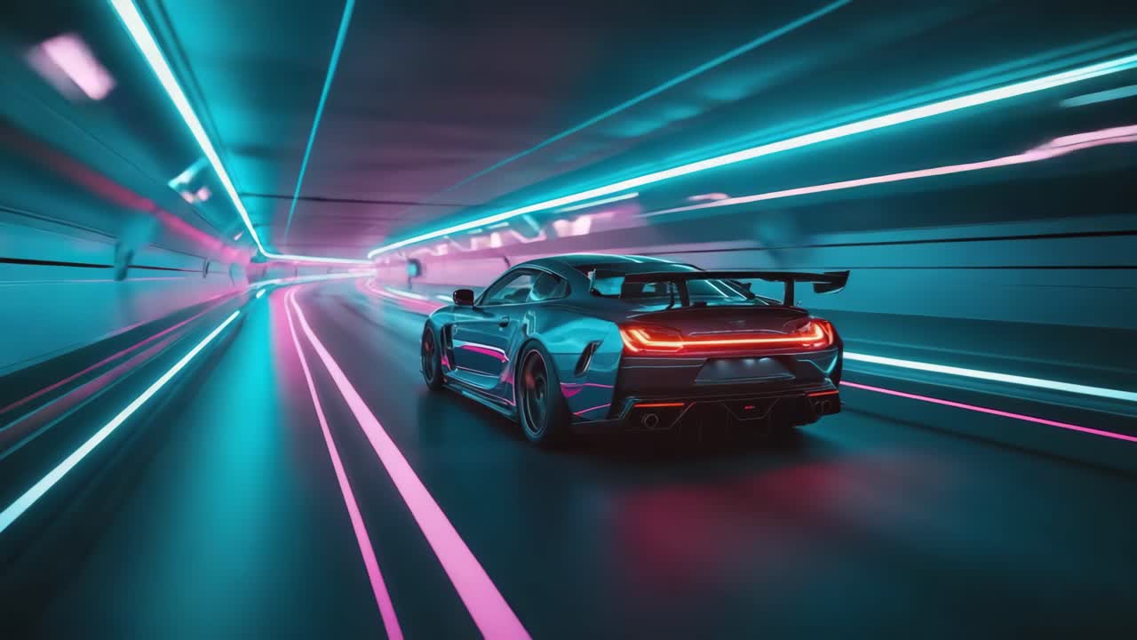 Futuristic Sports Car in a Neon-Lit Tunnel
