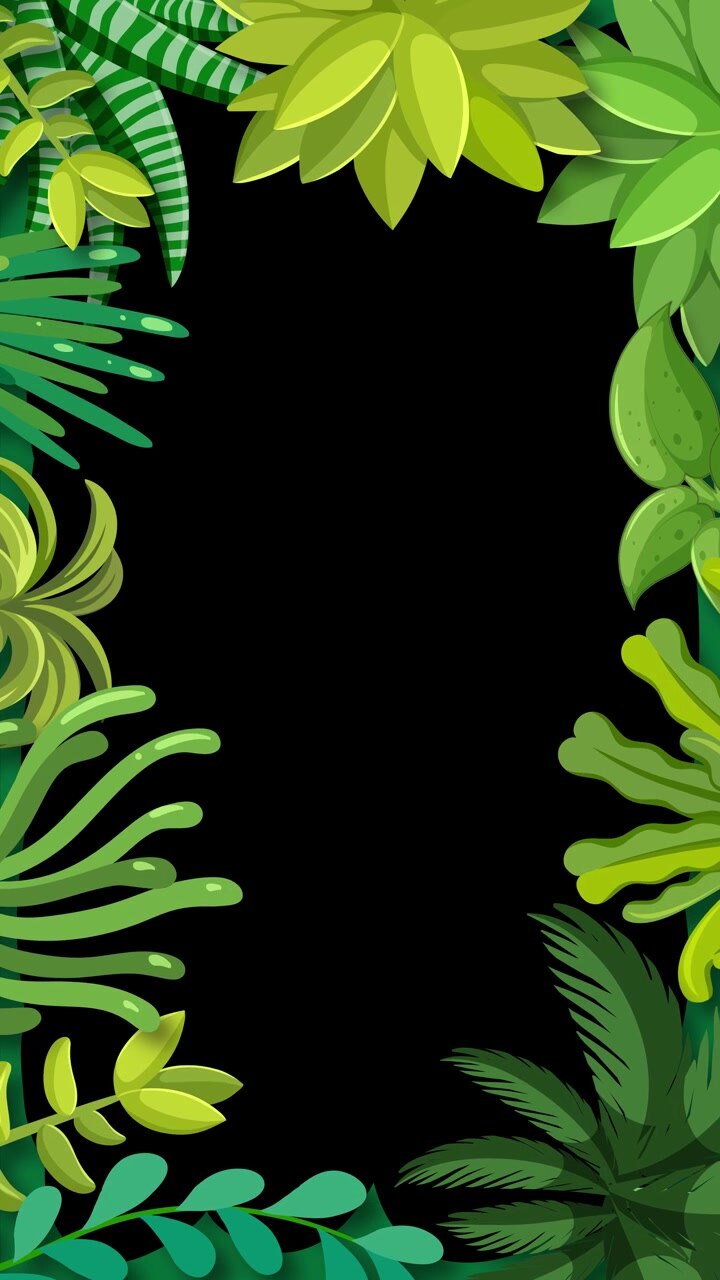 Bright green tropical leaves smoothly animate inward, forming a lush border around a vertical black center. Flat vector style, seamless looping animation