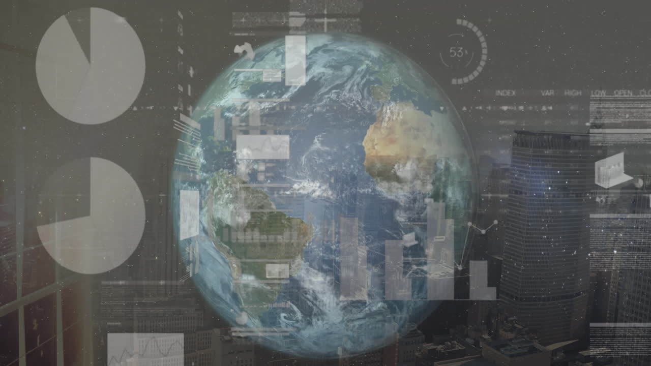 animación de la interfaz infográfica sobre el sol y la tierra contra la vista aérea de la ciudad en el fondo.