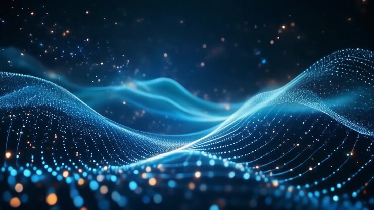Onda digitale astratta di particelle blu luminose e punti dati