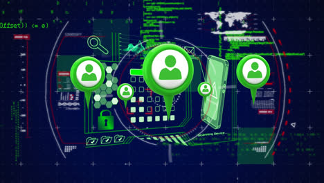 animation of scope scanning and digital icons with data processing over digital screen