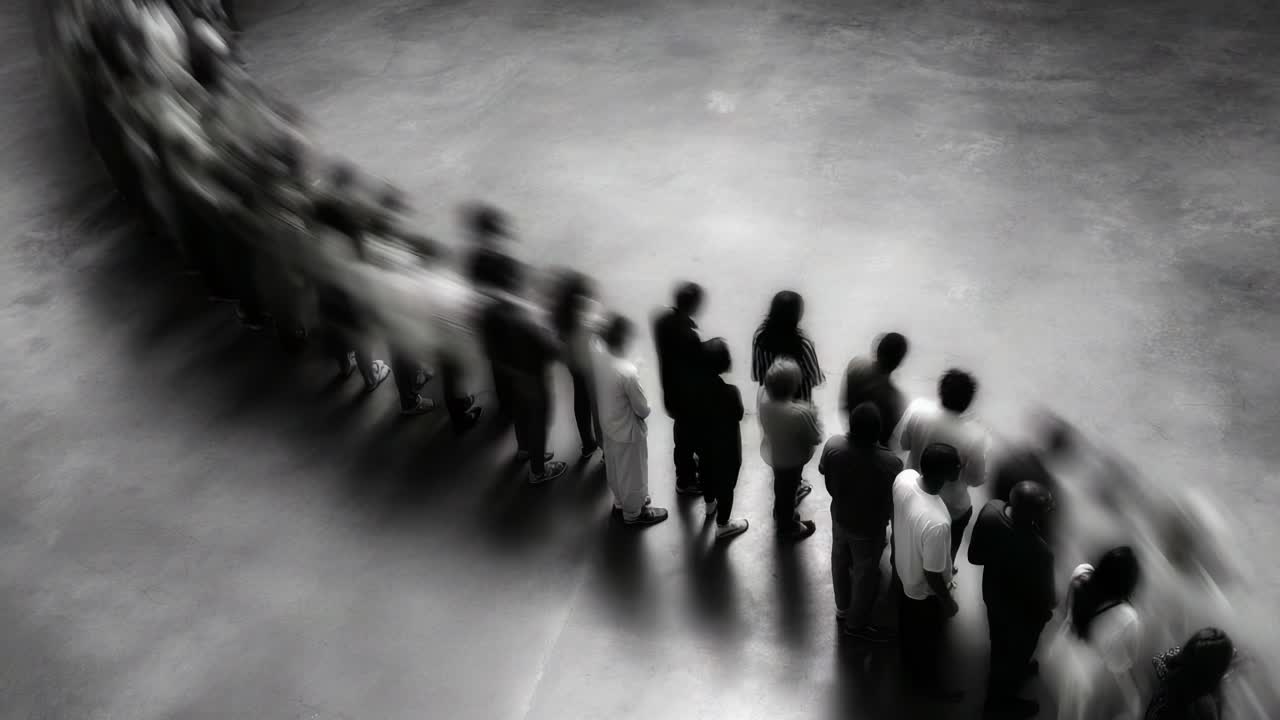 A Flowing Line of Diverse Individuals in a Minimalistic Space, Capturing the Essence of Patience, Anticipation, and Collective Human Experience in a Unique Composition