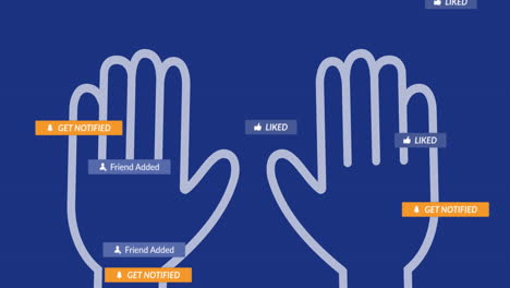 animation of hands and social media reactions over blue background