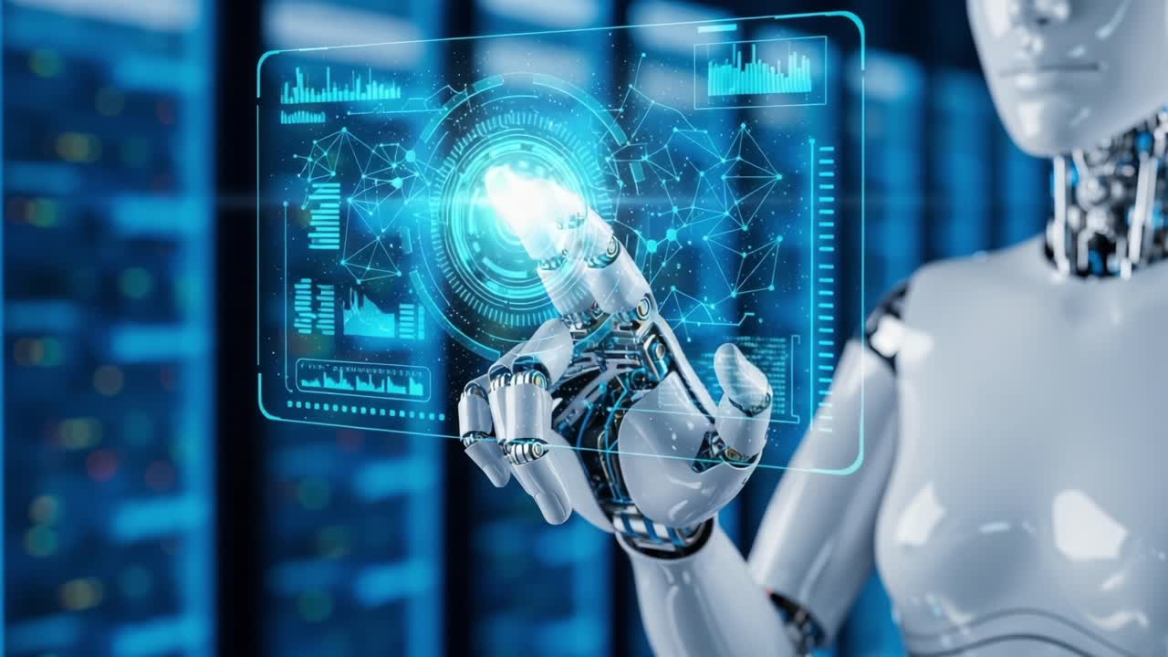 A Futuristic Robot Interacting with an Advanced Holographic Display, Showcasing Cutting-Edge Technology and Data Visualization in a High-Tech Environment