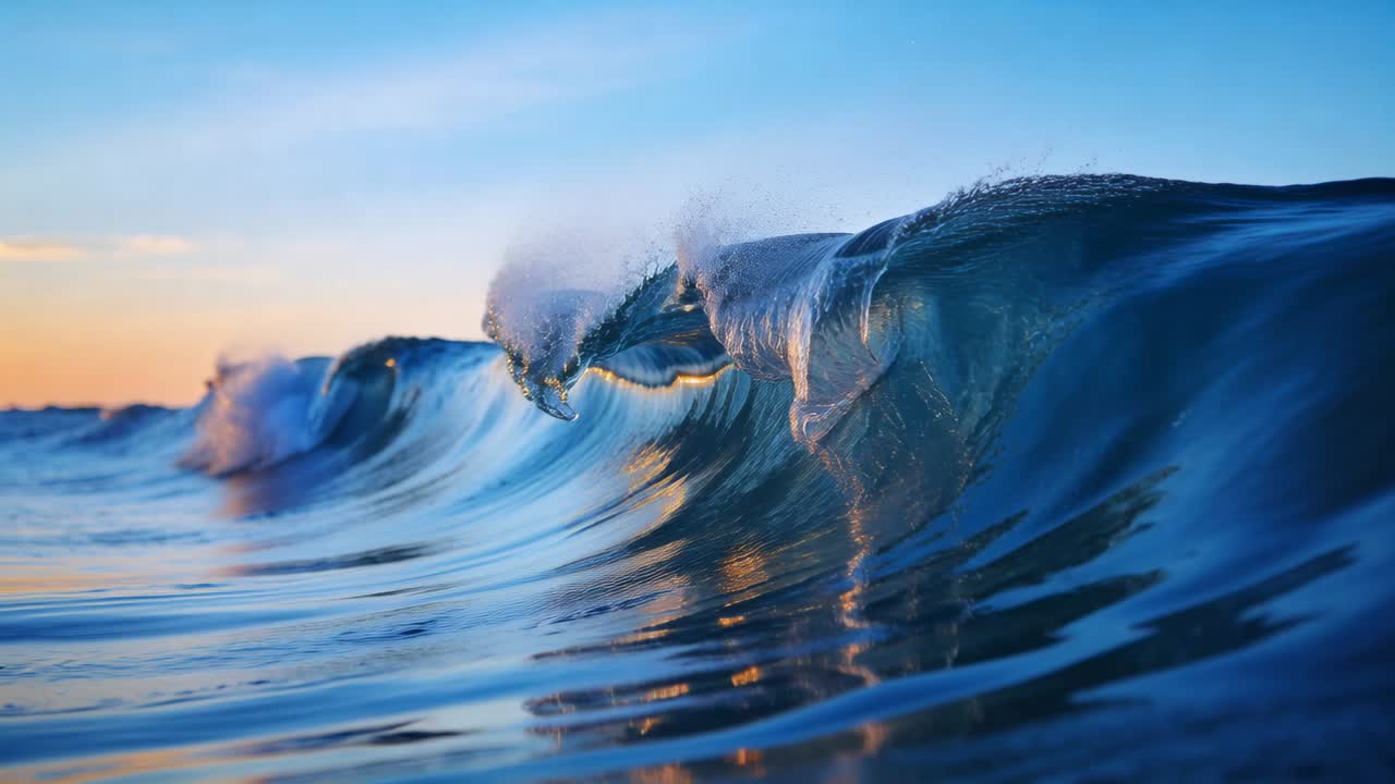Rolling single ocean wave curling and breaking near shore, swell pushing, white foam forming