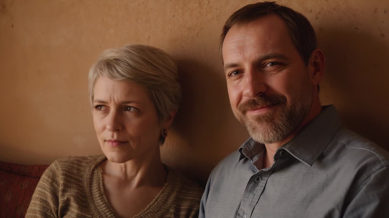 Glancing up man smiling while woman shifting gaze left on sofa at home during quiet moment