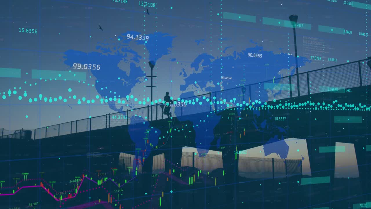 다리에서 달리는 사람의 실루에 대한 지도 위에 숫자를 가진 그래프의 애니메이션