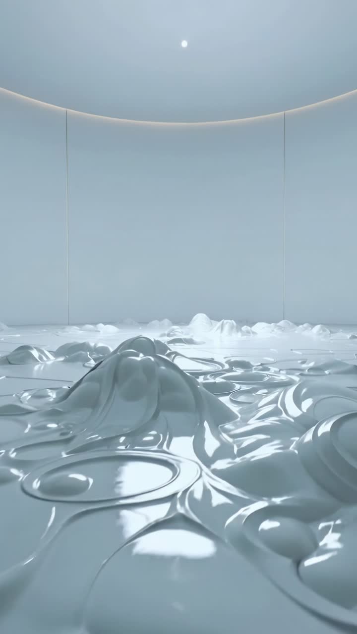 Video verticale: Scorrimento della telecamera che mostra una superficie lucida che crea increspature, cupole in una camera chiara con bordo illuminato.