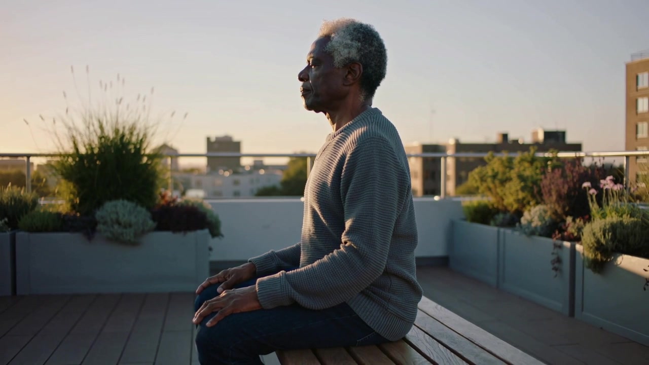 Hombre sentado ajustando la postura y la respiración en un banco de azotea mientras el sol bajo se atenúa, con un suéter gris.