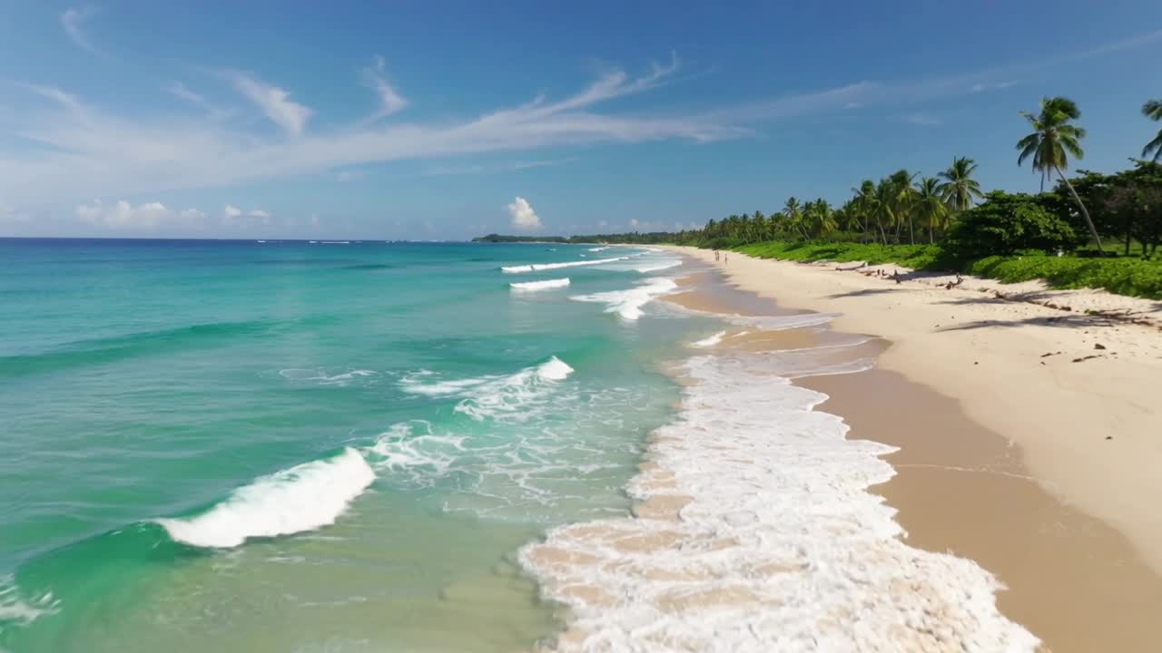Ondas quebrando e lavando a areia em praia tropical, drone se movendo revelando mar azul, palmeiras, nadadores