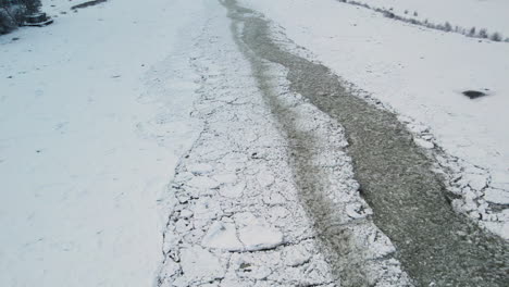 Aerial-shot-flying-over-Gota-alv-river-with-broken-ice-shelf-during-winter-day