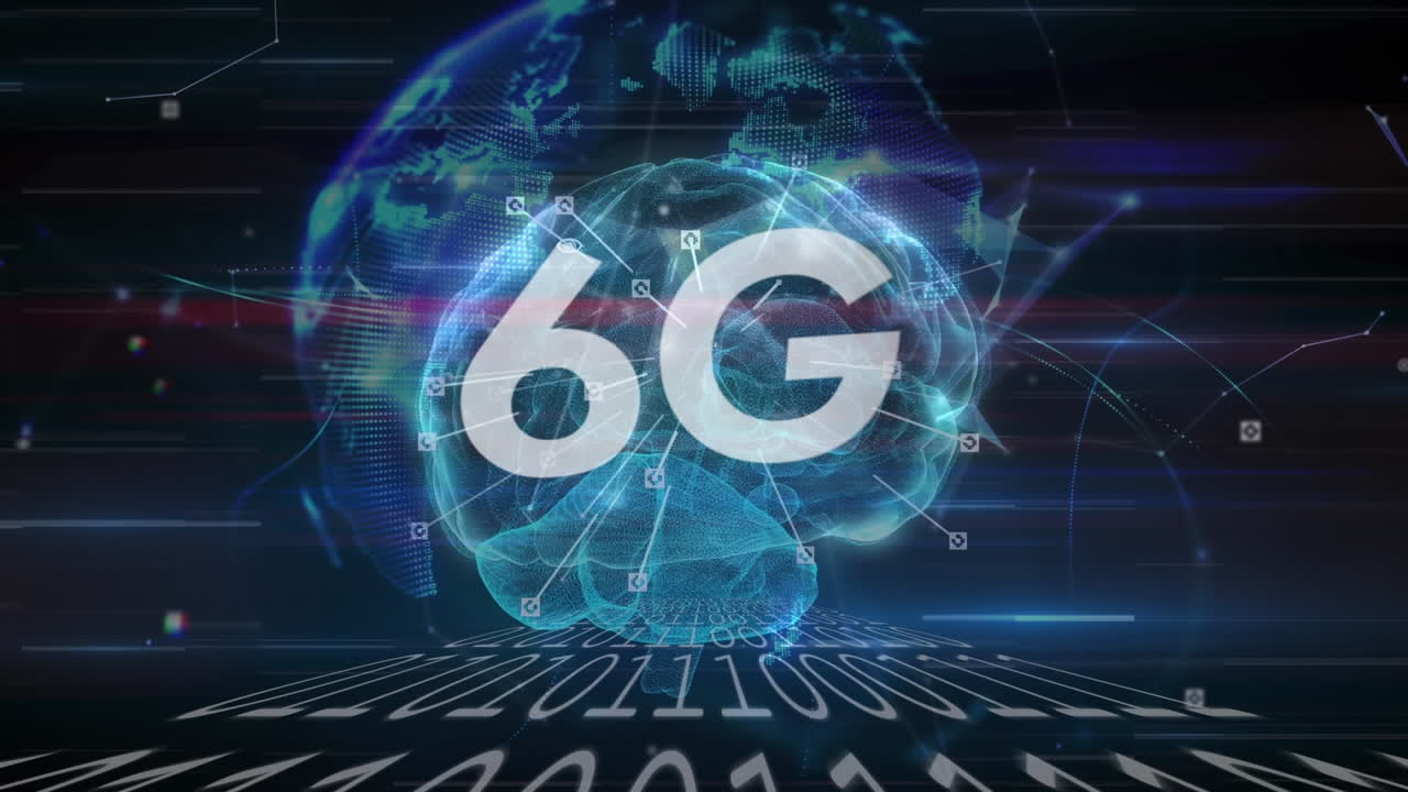 animación de texto 6g sobre icono de cerebro humano giratorio, globo de redes de plexo y codificación binaria