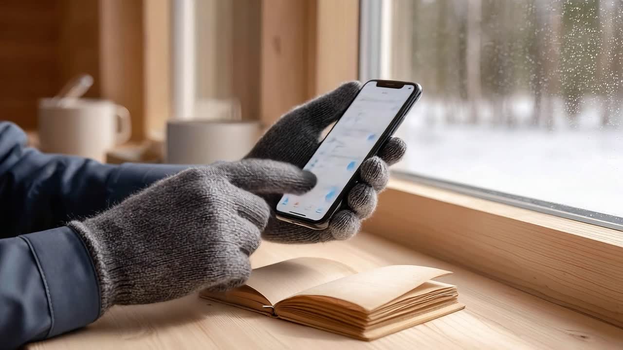 Un'accogliente scena invernale: una mano con guanto che impugna uno smartphone mentre un libro è aperto vicino a una finestra che si affaccia su un paesaggio innevato
