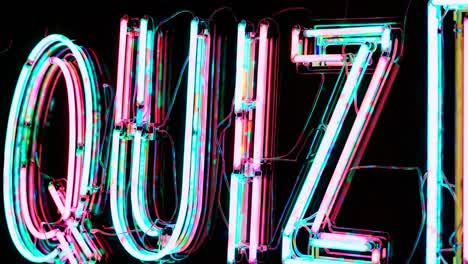 vintage neon quiz sign displaying vibrant, flickering colors against black background, revealing intricate wiring and supporting structure, symbolizing entertainment and intellectual challenge