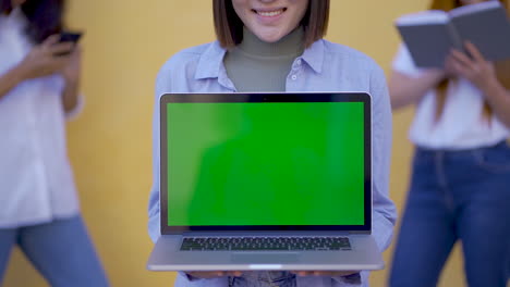 mujer sosteniendo una laptop con pantalla verde