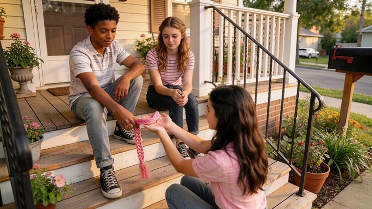 Three Teenagers Sitting on Front Porch Steps Sharing a Braided Craft