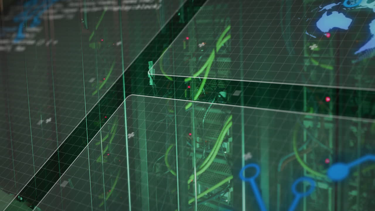 Animation of digital grid overlay with data servers and network connections in green