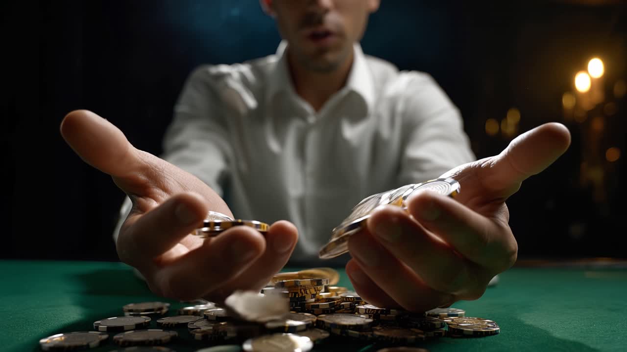 Un momento di euforia per un giocatore d'azzardo mentre le monete gli cadono dalle mani sul tavolo, mostrando il brivido e l'eccitazione di un gioco ad alto rischio in un ambiente di casinò.