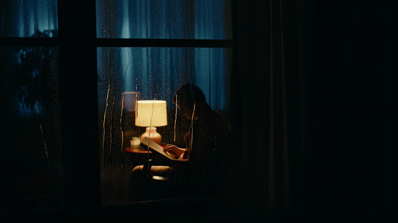 Night Interior Window Lamp Glow Solitary Writer At Desk Scribbles In Journal While Rain Streaks Glass, Warm