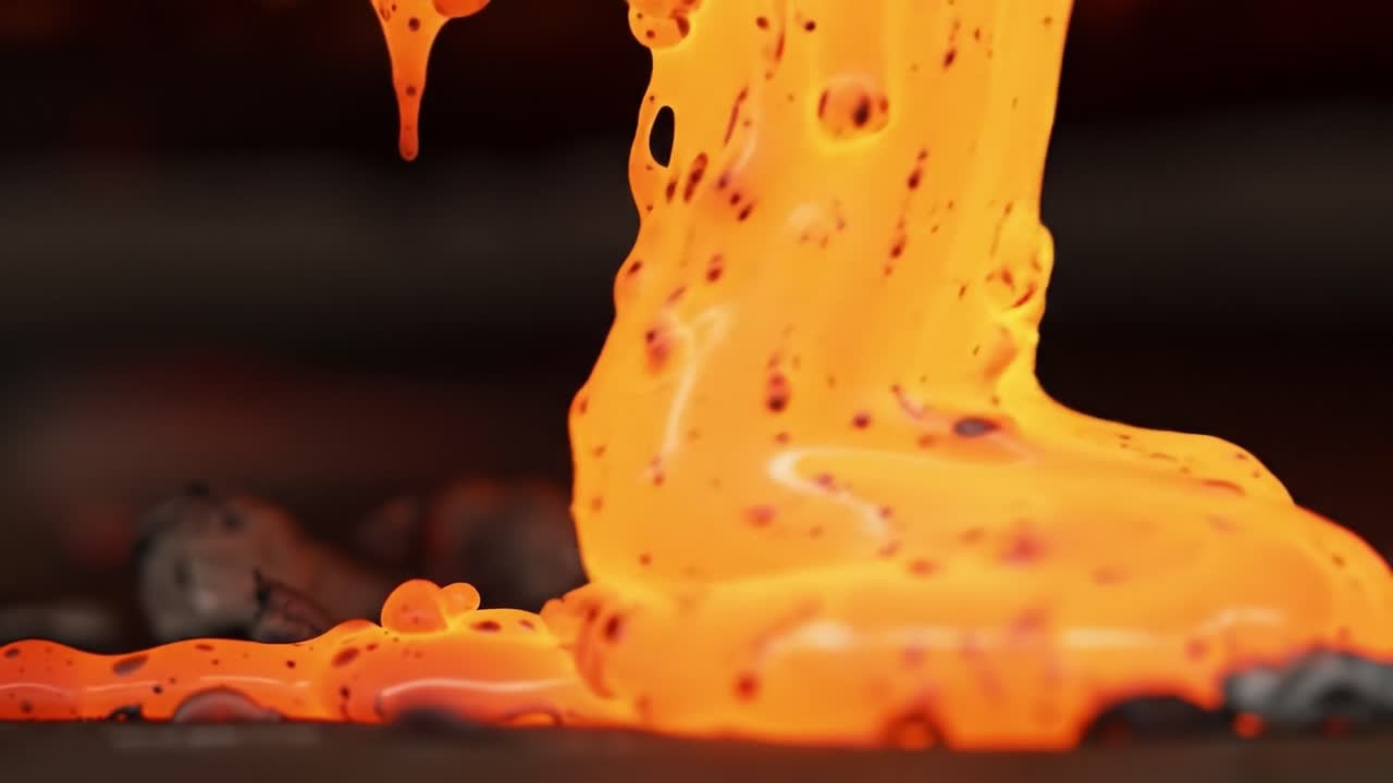 Capturing the Fluid Dynamics of Molten Metal Flow: A Close-Up Look at the Viscous Movement and Intricate Patterns of Red-Hot Liquid Metal as it Drips and Spreads