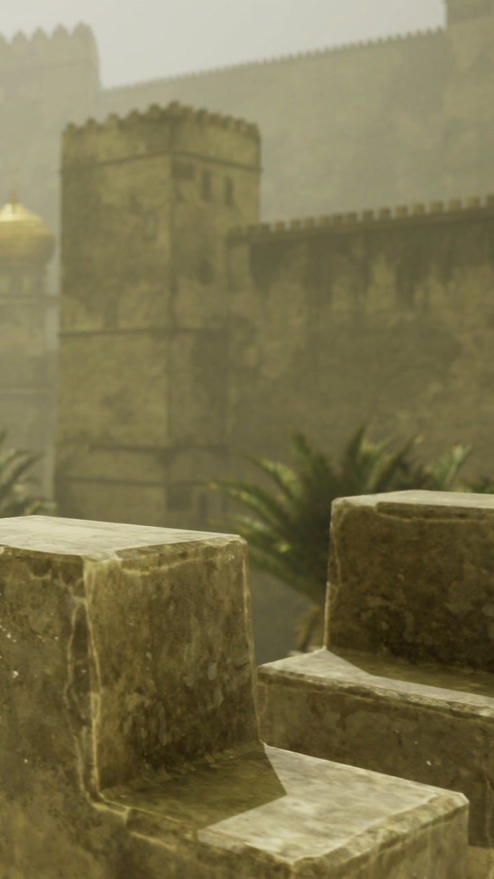 Stones and palms in a misty landscape near ancient walls at dawn