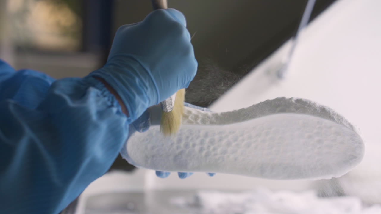 Lo scienziato pulisce la suola di una scarpa stampata in 3D, rimuovendo il materiale in eccesso e perfezionando il prodotto finale
