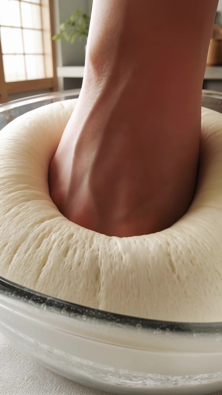 Close view captures hand movement shaping fluffy dough surface inside transparent bowl, with soft indoor lighting, creamy texture, and calm kitchen background visible during pressing and release.