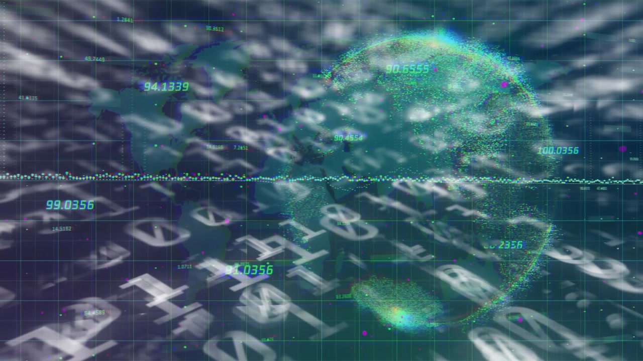 Wide green grid initiating numeric overlays on waveform, code swirling globe showing data flow