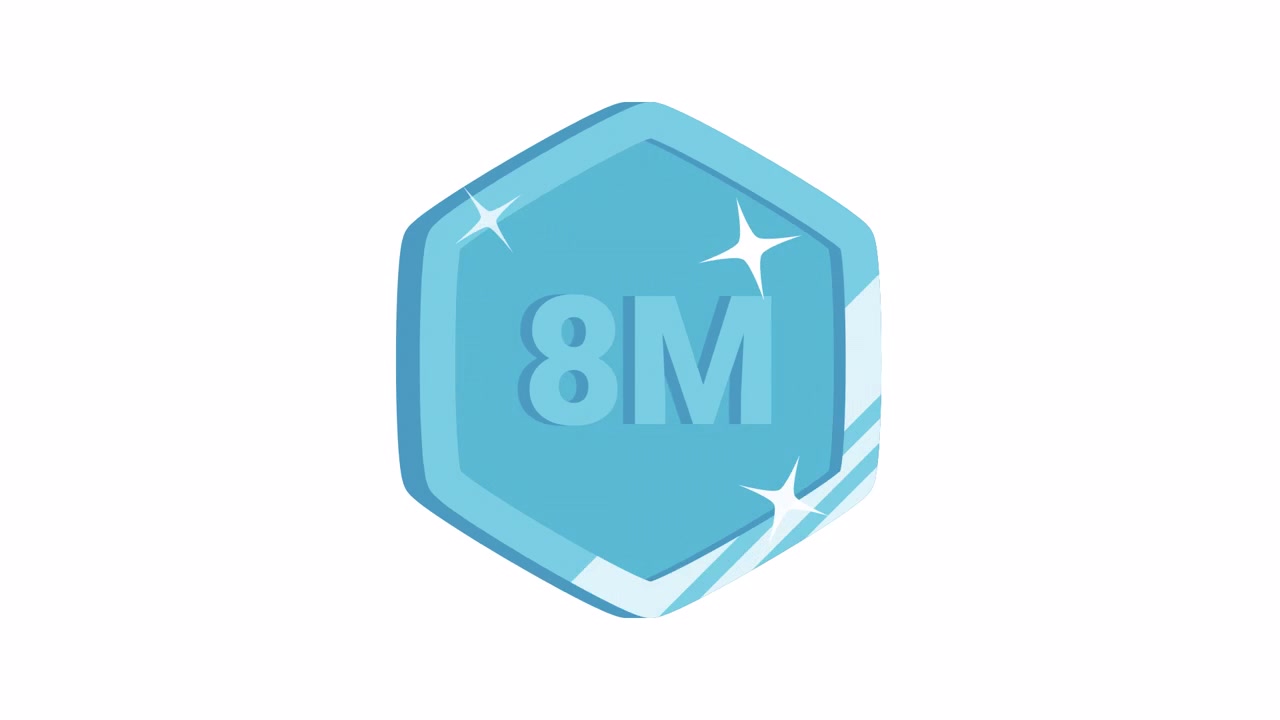 Animated Blue Hexagon Badge with 8M Text and Sparkles