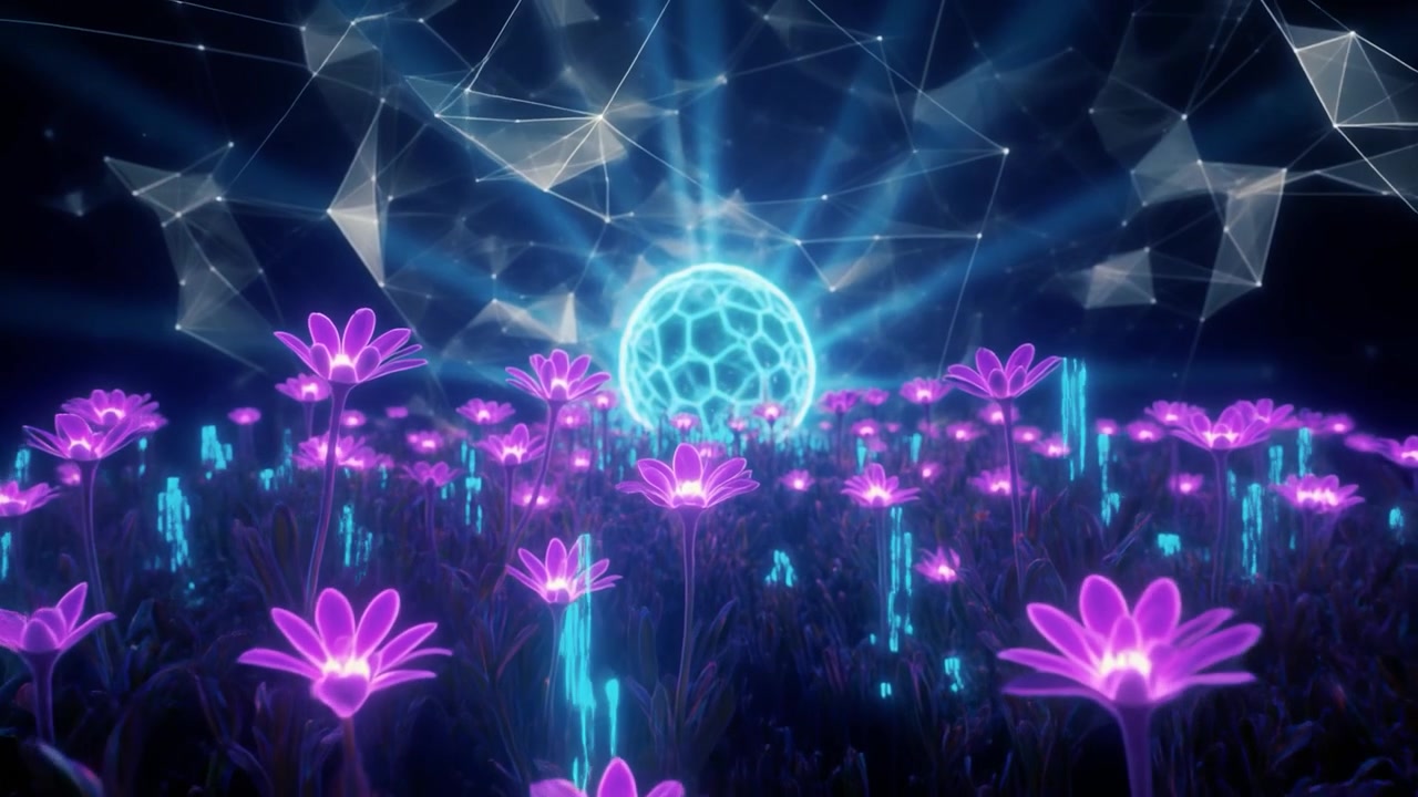 Fiori digitali luminosi in un paesaggio cibernetico futuristico