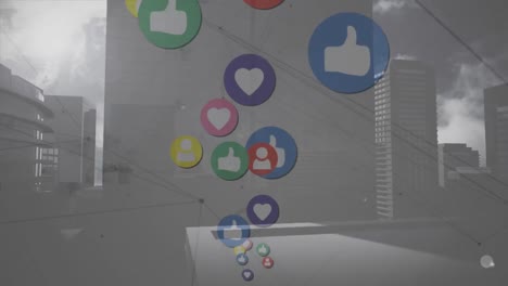 Animation-Eines-Netzwerks-Von-Verbindungen-Mit-Social-Media-Reaktionen-über-Bürogebäuden
